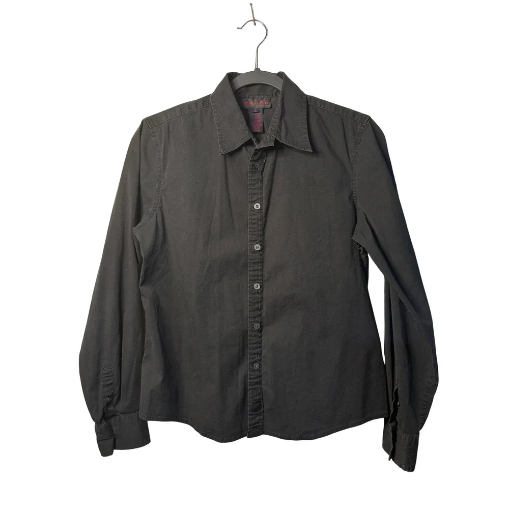 VTG Ralph Lauren Button Down Shirt Black Stretch Cotton Long‎ Sleeve Kids Large